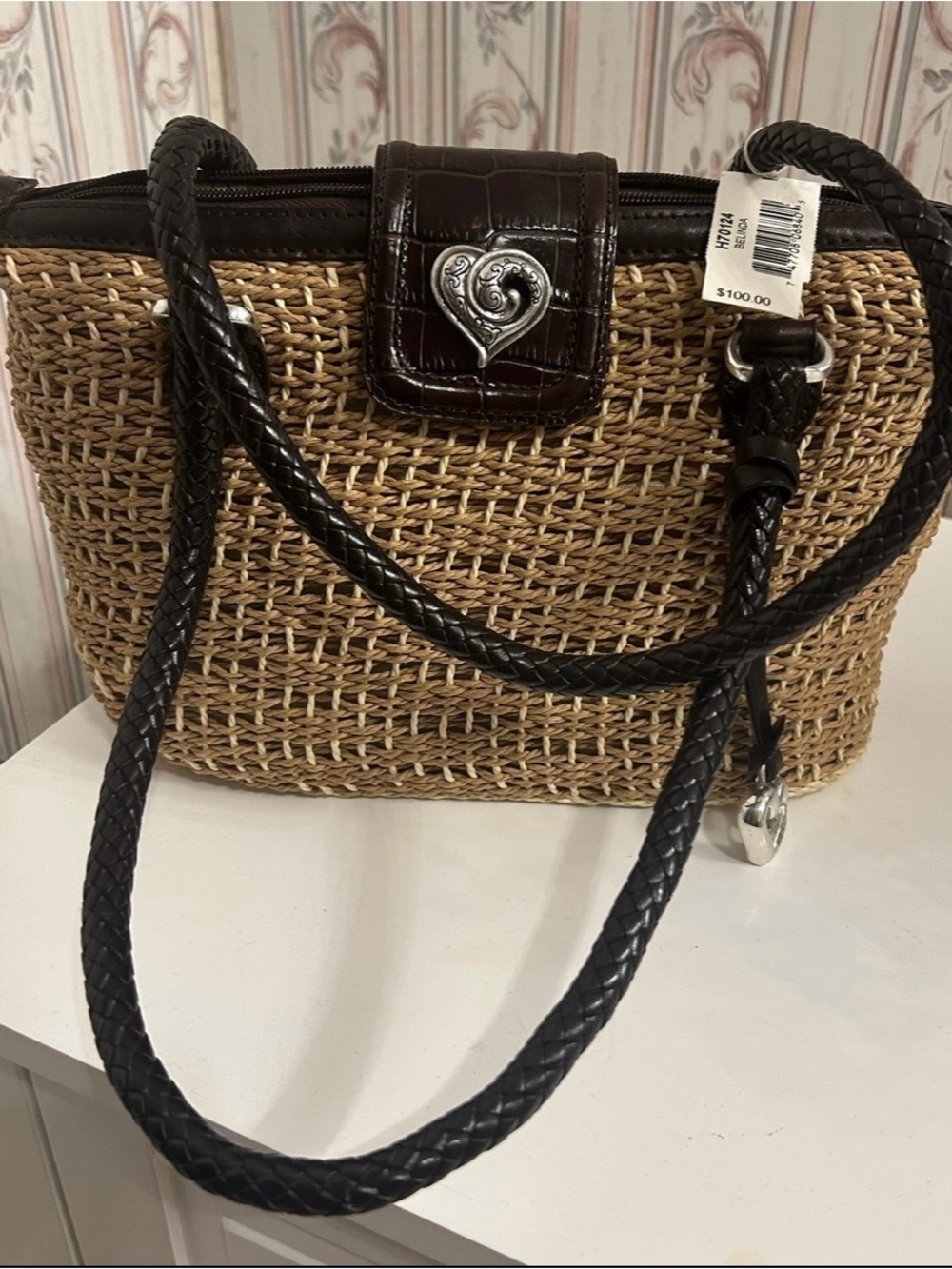 Brighton Woven Straw Shoulder Bag with Dark Brown Trim and Silver Heart Charm